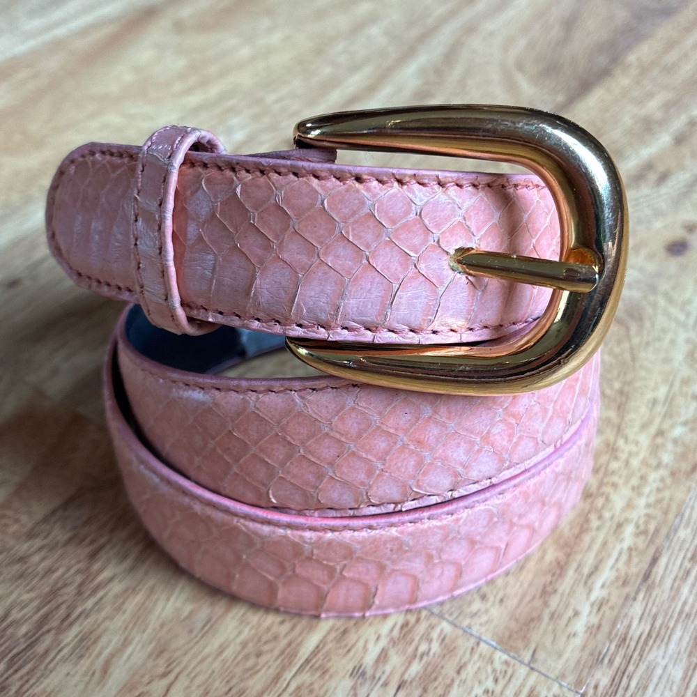Vtg Pink Genuine Snakeskin Skinny Belt Gold Buckle Large Exotic Reptile Leather
